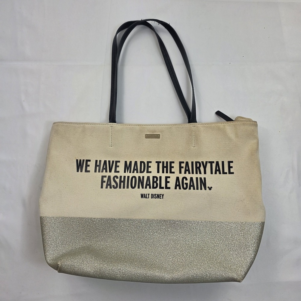 Disney Parks Kate Spade Tote Bag Womens Large Beige Canvas Glitter Zip Shoulder